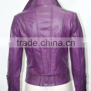 Ladies Short Purple 4110 Fitted Waist Length Soft Napa Lambskin Leather Jacket thumbnail-3