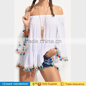 Boat Neck Long Sleeve Ruffle Loose Blouse White Plus Size off Shoulder Summer Beach Boho Blouse for Women 2017 thumbnail-1