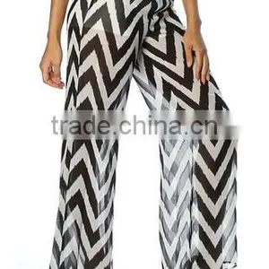 Ladies Pinkclubwear Mid Rise Wide Leg Chevron Print Chiffon Palazzo Pants thumbnail-1