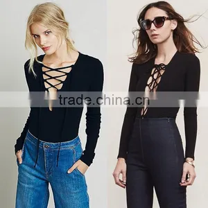 Sexy Lace-Up Women Plunge Suede Longsleeve Tie Front Bodysuit Leotard Blouse Top thumbnail-1