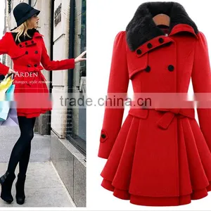 Women's Fashion Faux Fur Lapel Double-breasted Thick Wool Trench Coat Jacket thumbnail-1