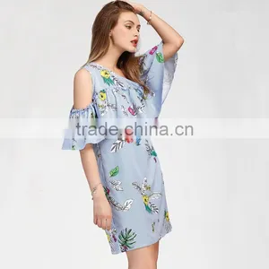 Oblique Shoulder Layered Dress, 2017 Ladies Blue Floral Print Dress thumbnail-4