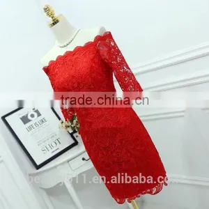 2017 New Style Custom Made Sexy Elegant A-line Scalloped Backless Cap Sleeve Red Lace Short Evening Dress Prom Dresses ED575 thumbnail-1
