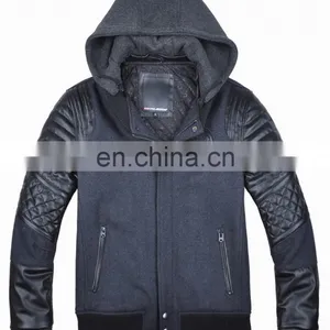 2015 Last Fashion Quilted Movable Hood Baseball Jacket Leather Sleeves thumbnail-1