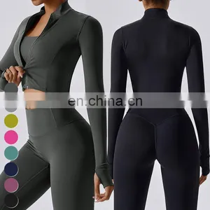 Custom Running Activewear Quick Dry Top Slim Fit Coat Sports Wear Full Zip Thumb Hole Long Sleeve Jackets Women Yoga Jacket thumbnail-4