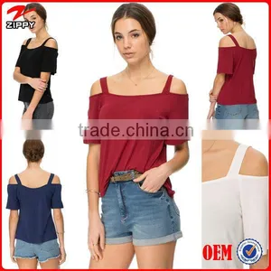 Latest Scoop Neckline Apparel Design Women Srappy Cold Shoulder T-Shirt thumbnail-1