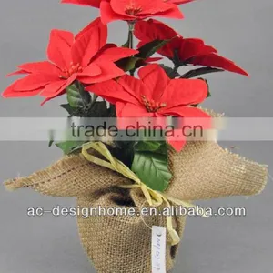 RED ARTIFICIAL VELVET POINSETTIA FLOWER BUSH X 6 W/6 PCS POINSETTIA FLOWER HEAD ON BURLAP PLANTER thumbnail-1