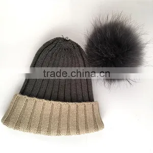Myfur Beige/Grey Raccoon Fur Multi-Color Knitted Hat for Winter thumbnail-3