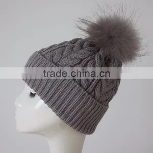 Myfur High Quality Wool Cable Knit Beanie Hat Pom Pom Custom Fur Hats thumbnail-1