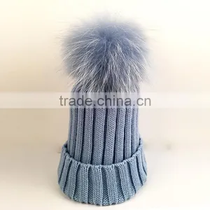 Myfur Wholesale Raccoon Fur Pom Pom Adult Couple Knitting Beanie in Sky Blue thumbnail-1