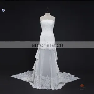HMY-E0352 High Quality Franch Lace Fabric Bodice Sheer Skirt Lace Hem Latest Sample Wedding Dress 2016 Detachable Long Train thumbnail-1