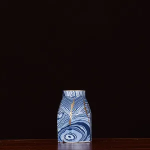New Chinese Modern Simple Hexagon Electroplate Blue White Stripe Ceramic Vase For Indoor thumbnail-2