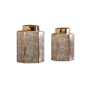Hexagon White Porcelain Unique Black Gold Ceramic Vase For Model Room Decor thumbnail-5