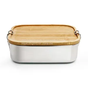 Japan Style Stainless Steel Lunch Box/two Compartments Metal Food Storage Container With Bamboo Lid thumbnail-1