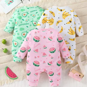 3pcs Newborn Baby's Cartoon Fruit Pattern Onesie, Comfy Casual Long Sleeve Romper, Toddler & Infant Girl's Bodysuit thumbnail-2