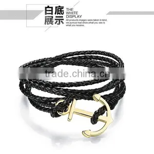 Multilayer Handmade Woven Leather Bracelet Stainless Steel Gold Boat Anchor Alloy Charms Man Anchor Bracelets thumbnail-3