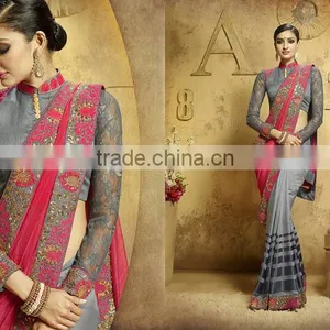 Viscose Red Resham Work Lehenga Saree thumbnail-3