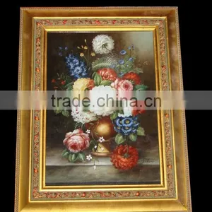 Antique Wood Carved Framed Mural, Oil Painting Ceramic Flower Framed Mural thumbnail-1