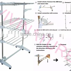 2017 Hot Sale Portable Clothes Drying Rack With 3 Layers and 6 Wheels Design for Adjustable Bar thumbnail-6