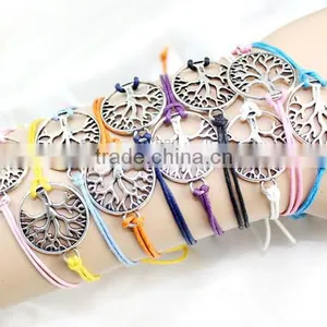 Antique Silver Hollow Tree of Life Charm Bracelet Customized Charm Wax Cord Bracelet Cheap Personalzied Bracelet for Promotion thumbnail-2