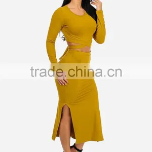 Suppliers Bulk Apparel Spring Women Dresses Sexy Mustard Two Piece Long Sleeve Knee Length Bodycon Midi Dress Set thumbnail-2