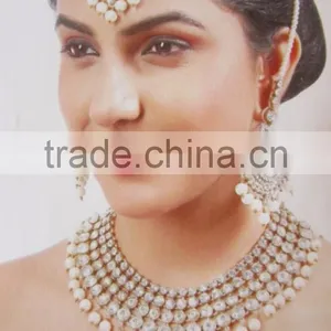 CRYSTAL PEARL Gold Plated Kundan Pendant Necklace CHAND BALI EARRING Set thumbnail-1