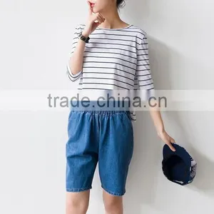 2016 New Fashion All Match Loose Half Sleeve Striped T-shirts for Ladies thumbnail-2