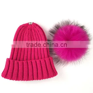 Myfur Hot Pink Fluffy Raccoon Fur Ball Knitted Beanie Hat for Fashion Lady thumbnail-3