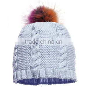 Myfur Latest Design Children Cable Knitted Hat With Raccoon Fur Pompom thumbnail-1