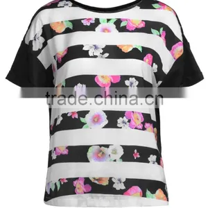 Women's Knitted Woven Combined Stripe Printing Short Sleeve Loose T Shirt Wholesale thumbnail-2