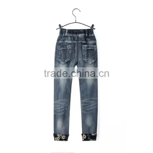 New Products Good Quality Elastic Waist Roll up Hem 3D Rose Printing Blue Wholesale Jeans Pants for Kids thumbnail-2