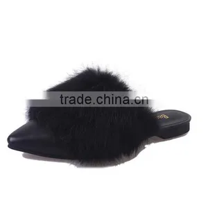 2017 Spring and Autumn Flat With Pointed Rabbit Hair Slippers Baotou Flat Hair Plush Half Autumn Autumn New Lazy Slippers thumbnail-5