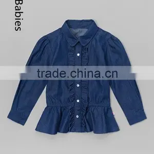 Bulk Wholesale Kids Clothing Girls Blue Denim Ruffle Button up Top thumbnail-1