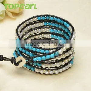 Topearl Jewelry Freshwater Pearl Blue Turquoise Charm Bracelet Woven Leather Wrap Bangle for Women 33.5 InchesCLL134 thumbnail-2