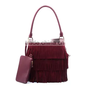 Wine Red Lady Handbag Bag Shoulder Bags Leather Tassel Fashion Handbags thumbnail-1