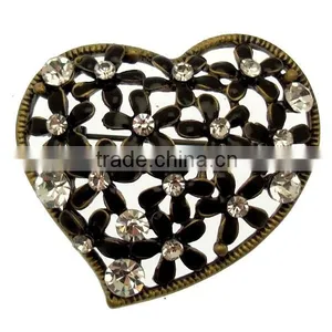 Custom-made Vintage Style Black Enamel & Crystal Floral Heart Brooch thumbnail-1