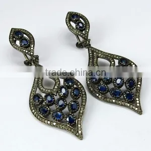 Bring The Heat !! Blue Sapphire & Diamond 925 Sterling Silver Earring, Dangler SIlver Earring, Indian Fashion Silver Jewelry thumbnail-1