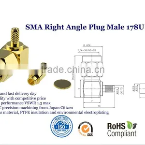 SMA Plug Male Right Angle Coaxial Connector 50 Ohms For 178U Cable thumbnail-1