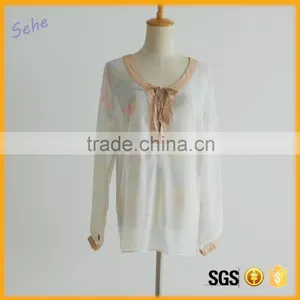 New Style Mix Color Deep Open Neck Thin Women Chiffon Blouses for Fat thumbnail-1