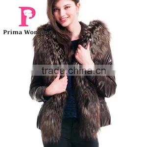 2015 New Style Winter Women Short Leather Coat With Belt Silver Fox Hat Overcoat Quality Choice thumbnail-2