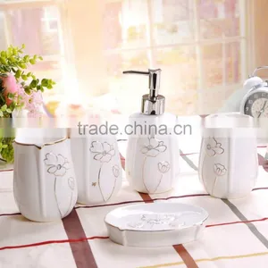 Set of 5 Bone China Bathroom Set-Lotion Dispenser, Toothbrush Holder,Two Tumbler Cups,Soap Dis thumbnail-1