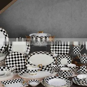 Black and White Grid Design 70pcs for Six Bone China Dinnerware Set thumbnail-1