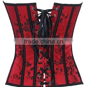 Women's Floral Print Pin Up Boned Overbust Waist Cincher Corset Red Top thumbnail-2