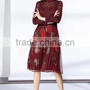Pleat Large Sized Spring Lace Splicing Printed Dress for Women thumbnail-5