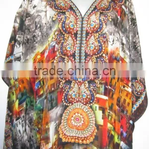 DIGITAL Print Crepe Silk Embellished Kaftan CAFTAN Tunic Poncho Blouse thumbnail-2