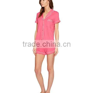 Pink Short Pyjamas Set Contrast Piping New York Pajamas Sleepwear Clothing Short Sleeves And Short Pants Shirttail Hem Nightwear thumbnail-3