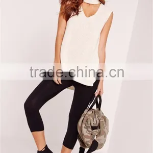 Plain White Women Knitwear With Split Hem Cut Out Front Ladies Sweater Choker Neck Chunky Tunic Cream thumbnail-6