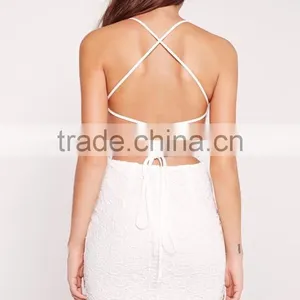 Wholesale Top Quality Strappy Lace Bodycon Dress White Cross Back Evening Dress Embroidered Lace Up V Neck Midi Dress thumbnail-4