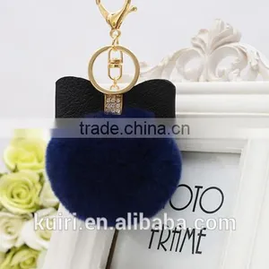 Sweety Cute Koreal Style Rex Rabbit Fur Balls Keychain With Bowknot Leather Keychain thumbnail-3