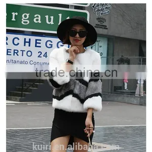 Trendy Rabbit Fur Coats For Women Winter Warm Natural Real Fur Coat Short Patchwork Strip Korean Style O-neck Jackets Customized thumbnail-3